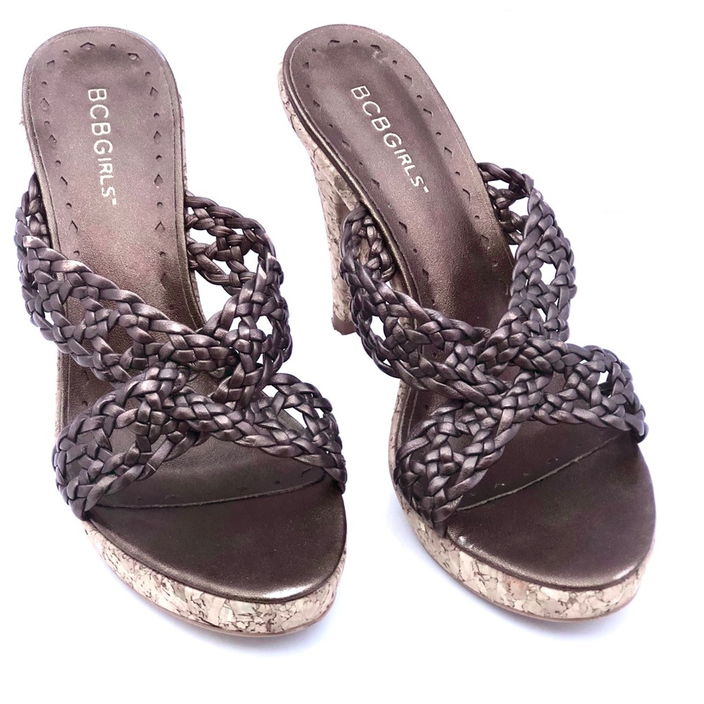 BCBGirls Bronze Leather Cork Heel Sandals-size 7.5
